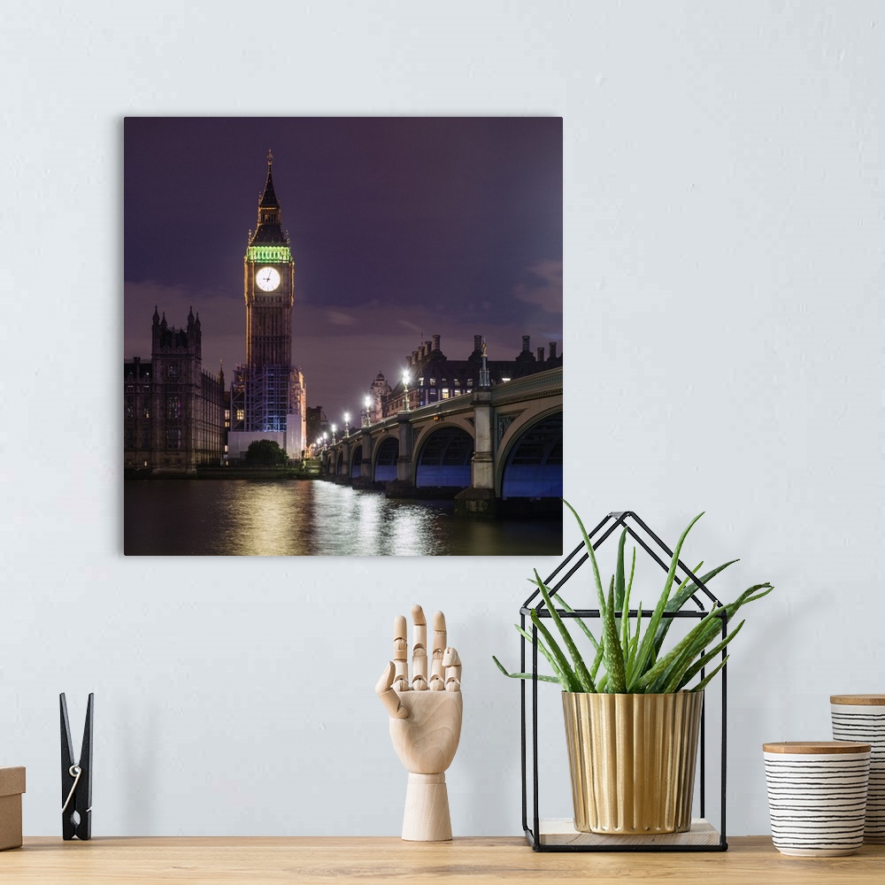 A bohemian room featuring Square photograph of Big Ben lit up at dusk with the Westminster Bridge and River Thames in the f...