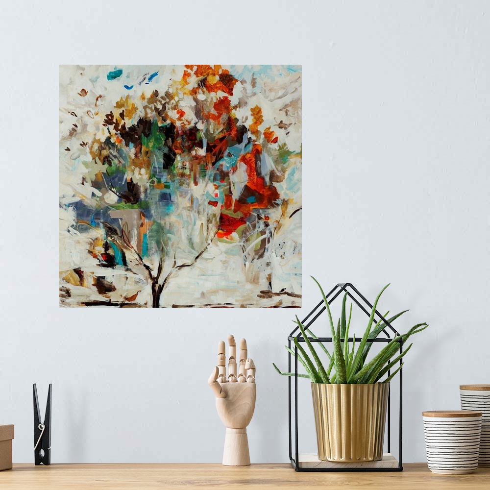 A bohemian room featuring Contemporary painting of a single tree with vibrant leaves and branches, on a background filled w...