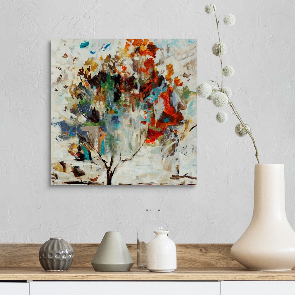 A farmhouse room featuring Contemporary painting of a single tree with vibrant leaves and branches, on a background filled w...