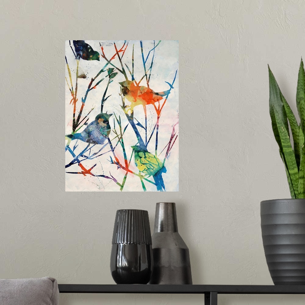 A modern room featuring Contemporary art of four multicolored birds perched on bare tree branches that are vibrantly colo...