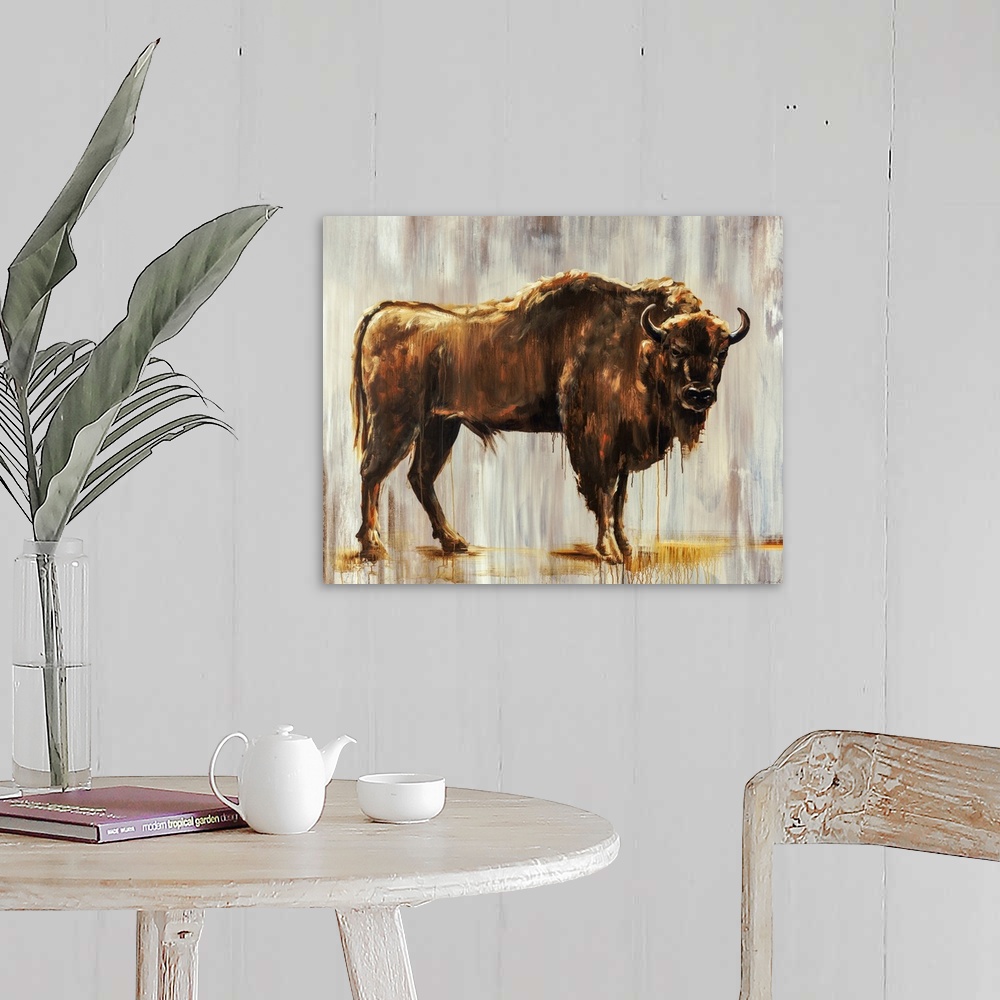 A farmhouse room featuring Contemporary portrait of a bison in front of a gray-streaked background.