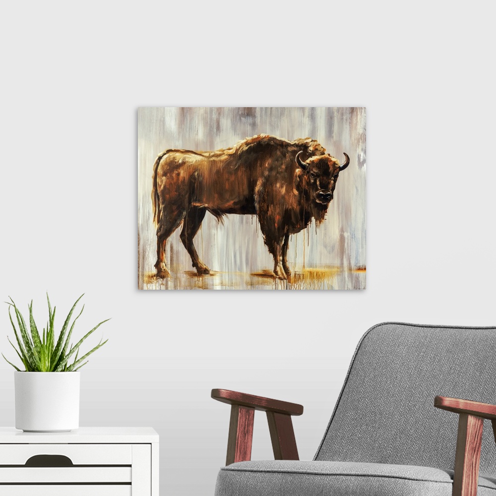 A modern room featuring Contemporary portrait of a bison in front of a gray-streaked background.