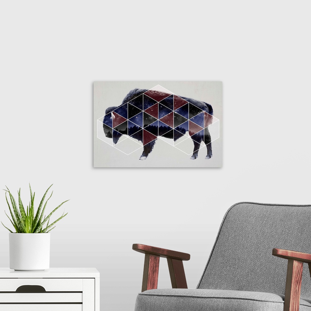 A modern room featuring Double exposure artwork of a bison in profile with a triangular pattern and the night sky.