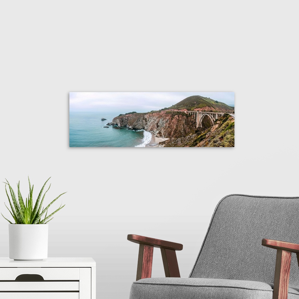 A modern room featuring Distant view of Bixby Creek Bridge in Monterey County, California.