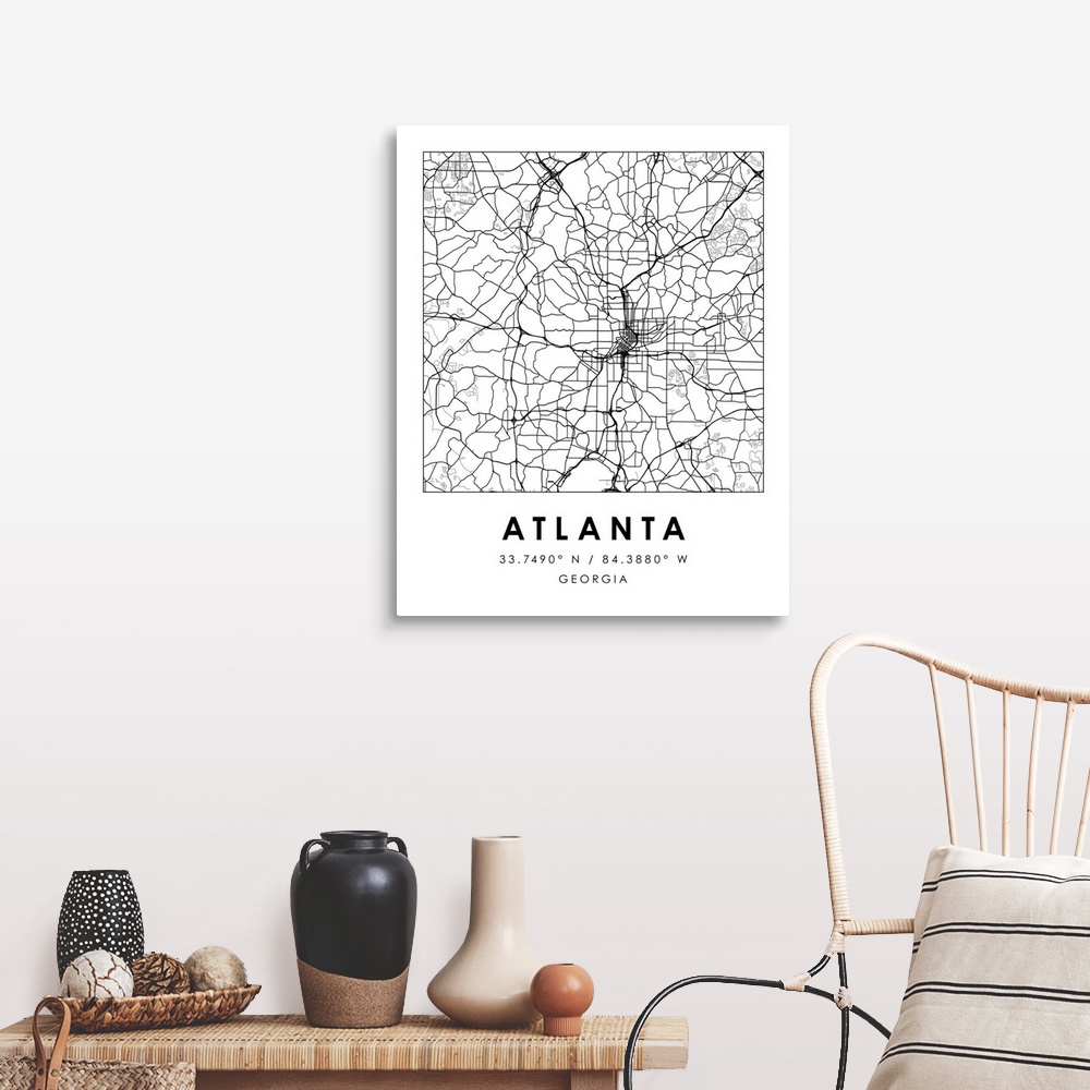 A farmhouse room featuring Black and white minimal city map of Atlanta, Georgia, USA with longitude and latitude coordinates.