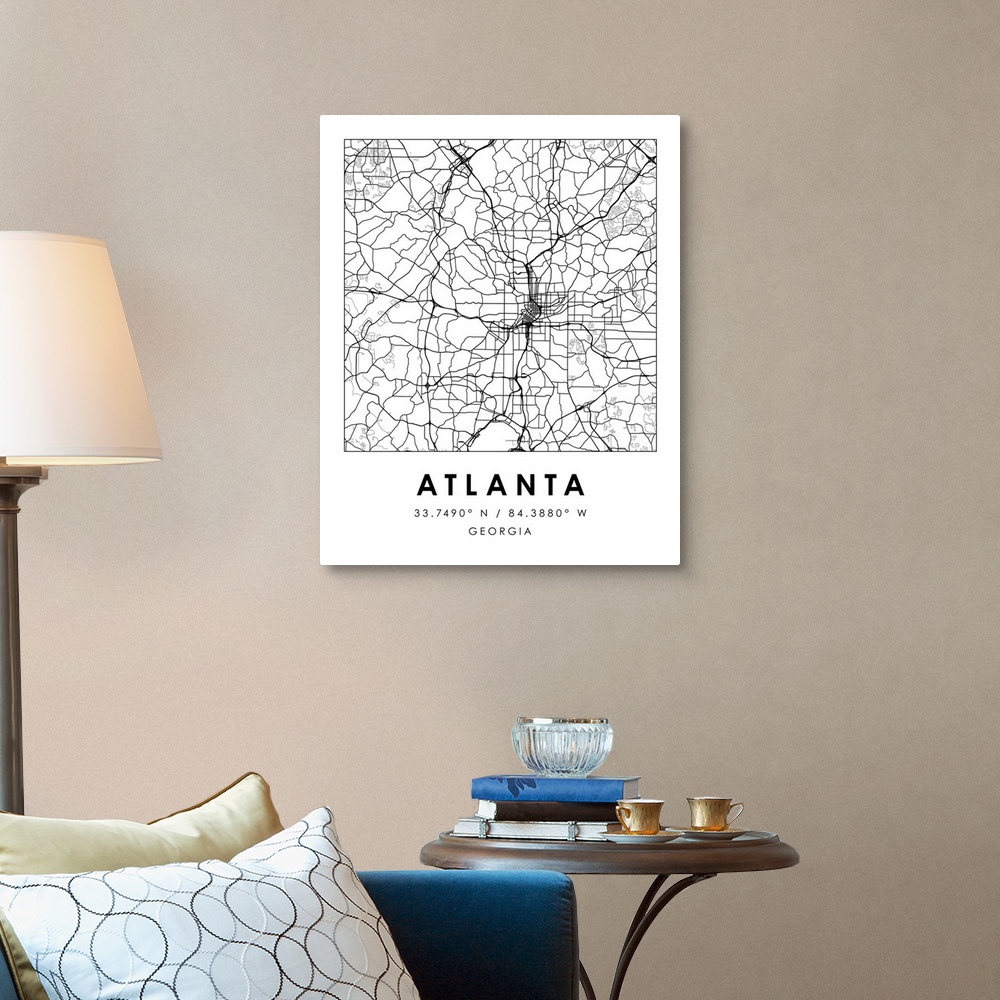 A traditional room featuring Black and white minimal city map of Atlanta, Georgia, USA with longitude and latitude coordinates.