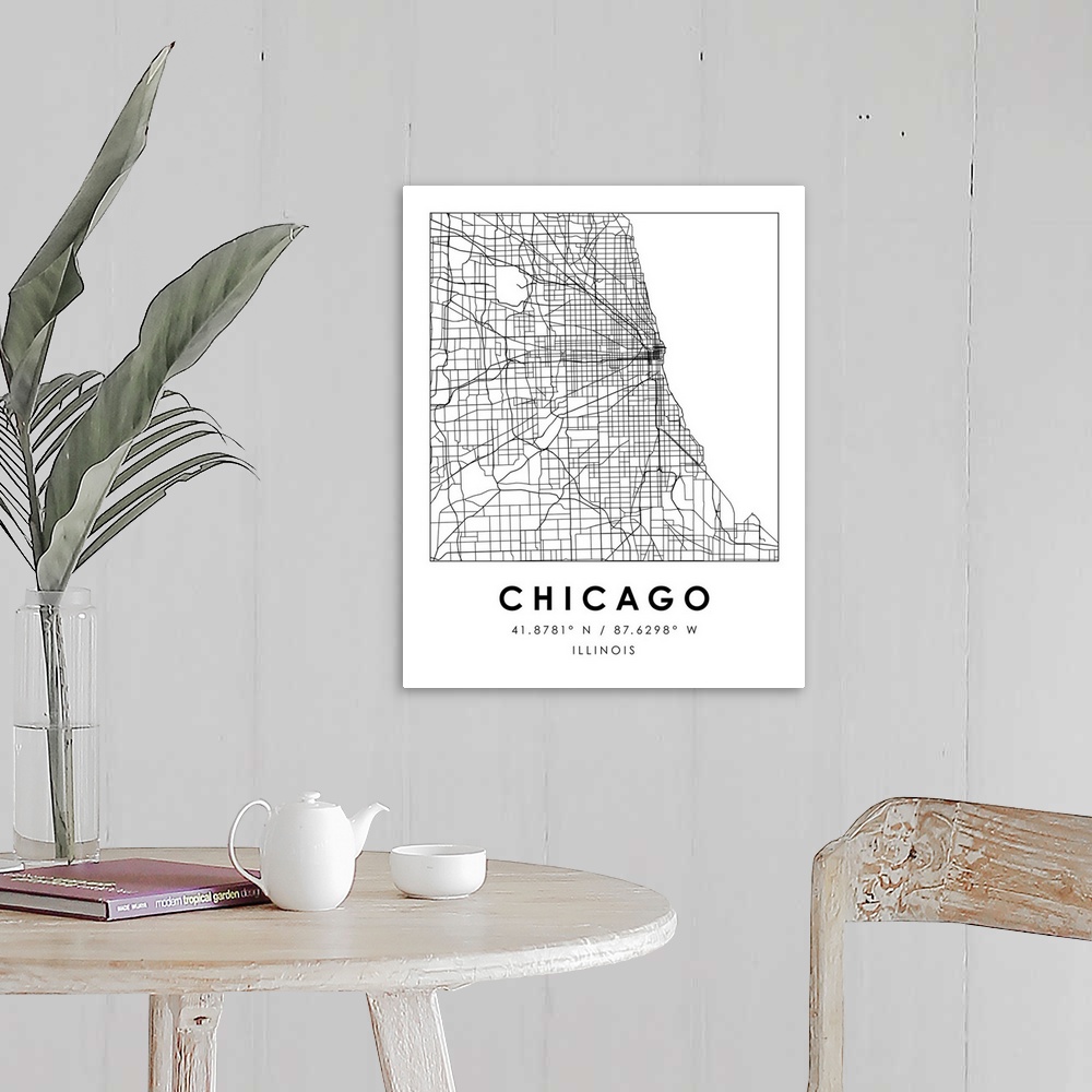 A farmhouse room featuring Black and white minimal city map of Chicago, Illinois, USA with longitude and latitude coordinates.