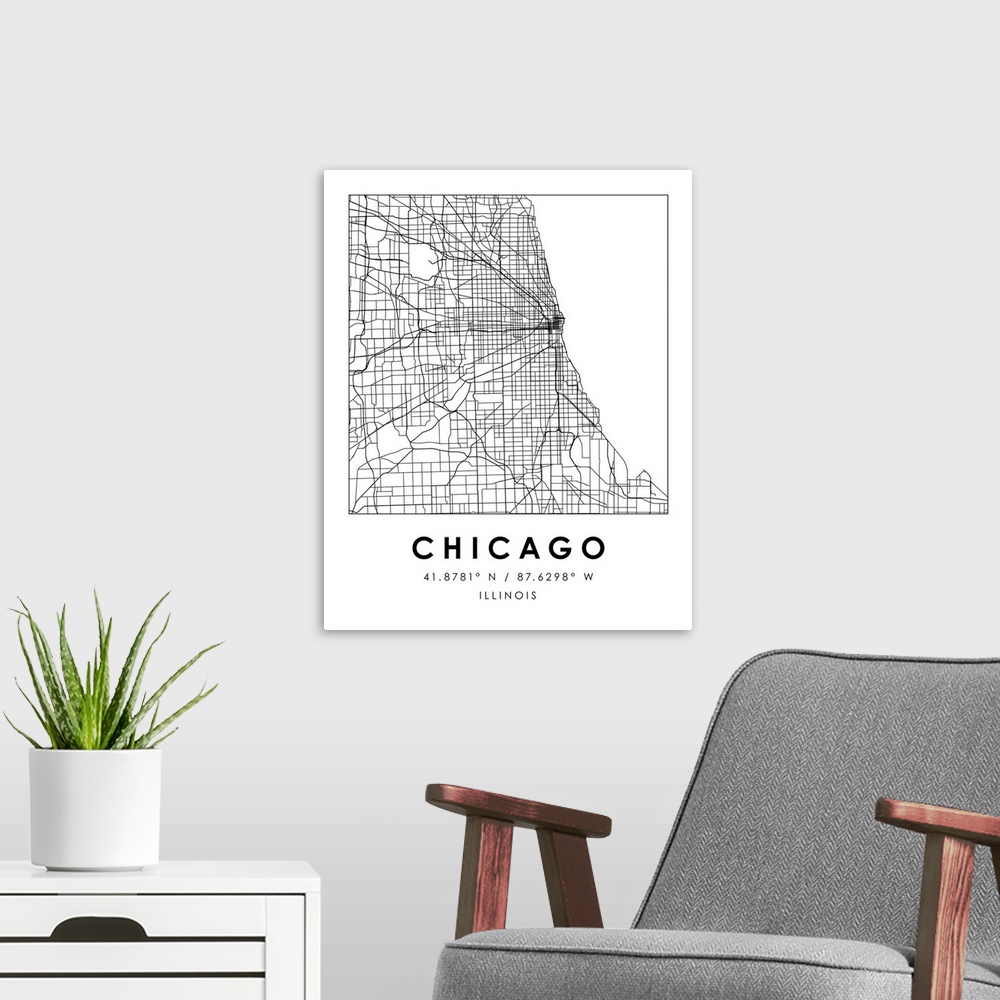 A modern room featuring Black and white minimal city map of Chicago, Illinois, USA with longitude and latitude coordinates.