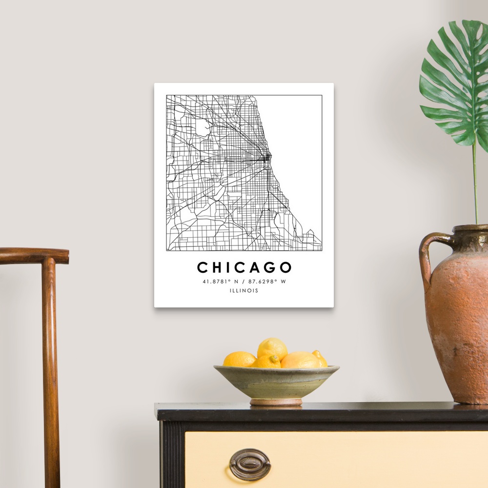 A traditional room featuring Black and white minimal city map of Chicago, Illinois, USA with longitude and latitude coordinates.