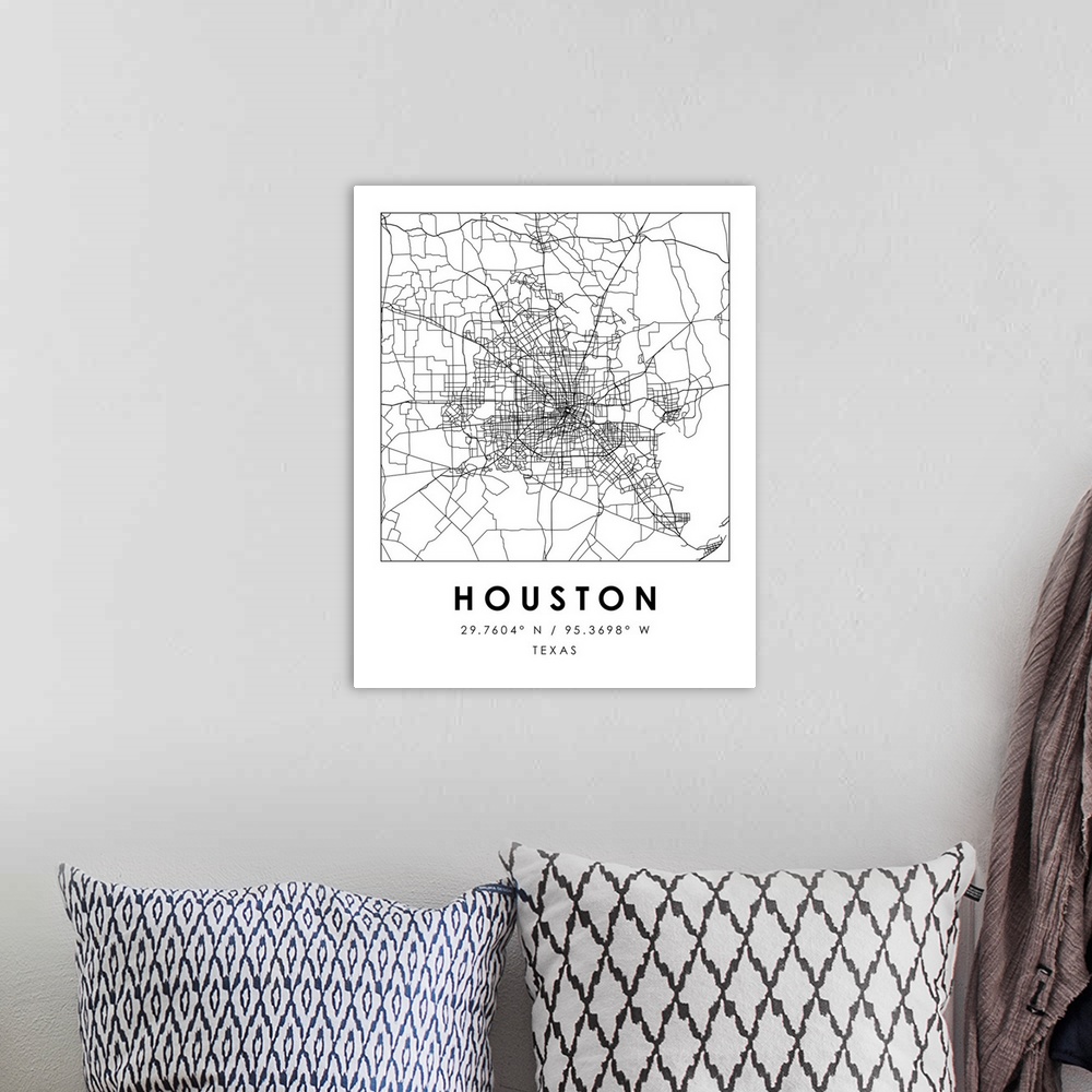 A bohemian room featuring Black and white minimal city map of Houston, Texas, USA with longitude and latitude coordinates.