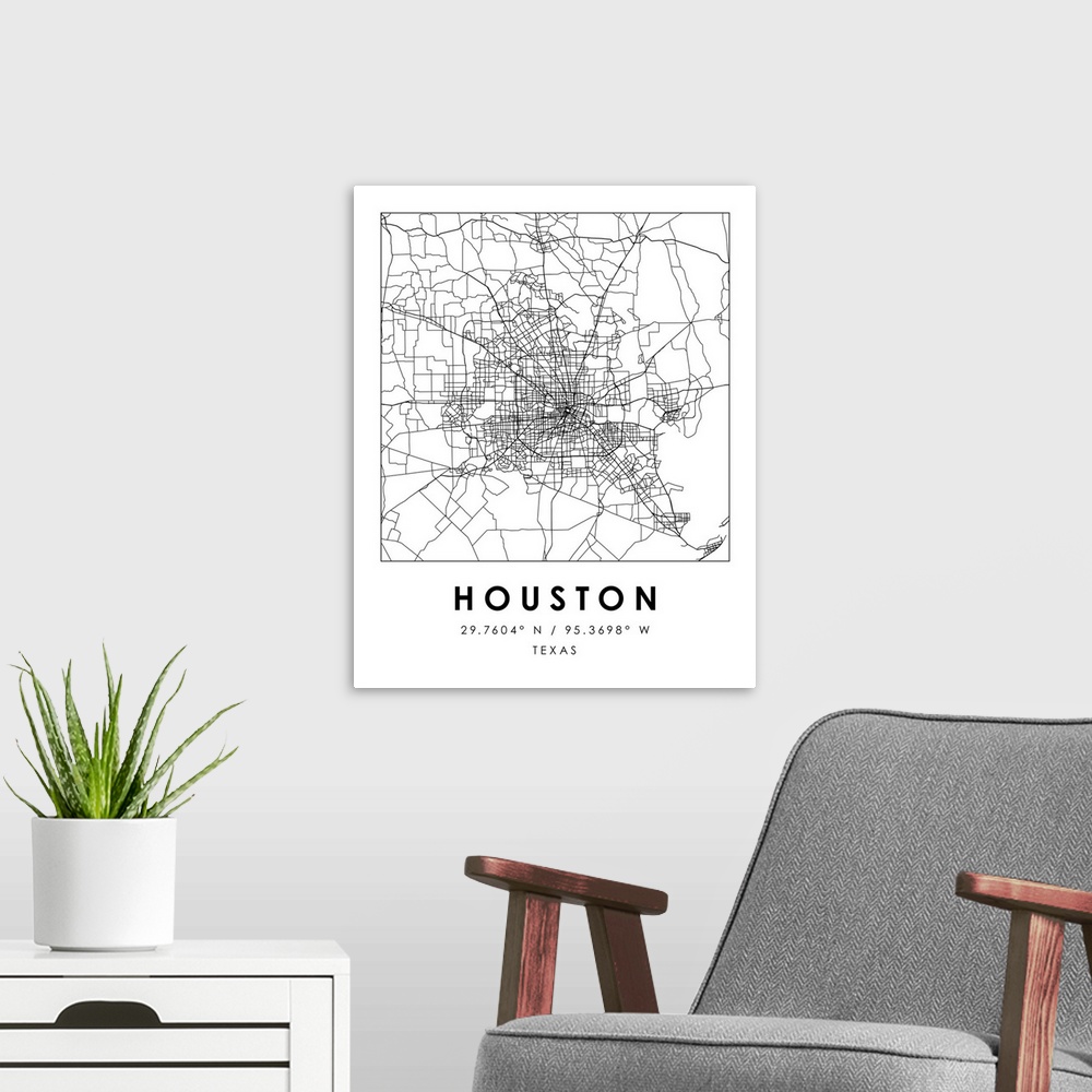 A modern room featuring Black and white minimal city map of Houston, Texas, USA with longitude and latitude coordinates.