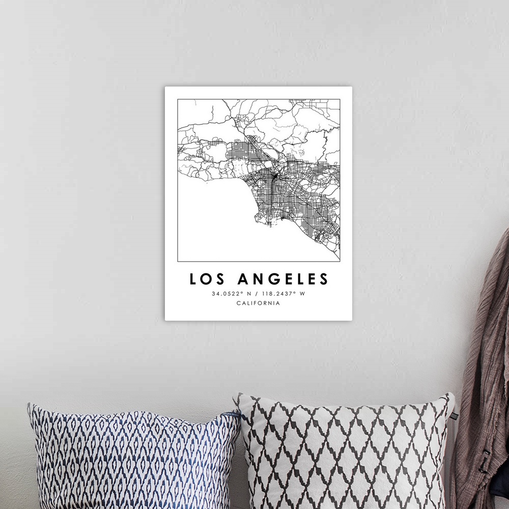 A bohemian room featuring Black and white minimal city map of Los Angeles, California, USA with longitude and latitude coor...