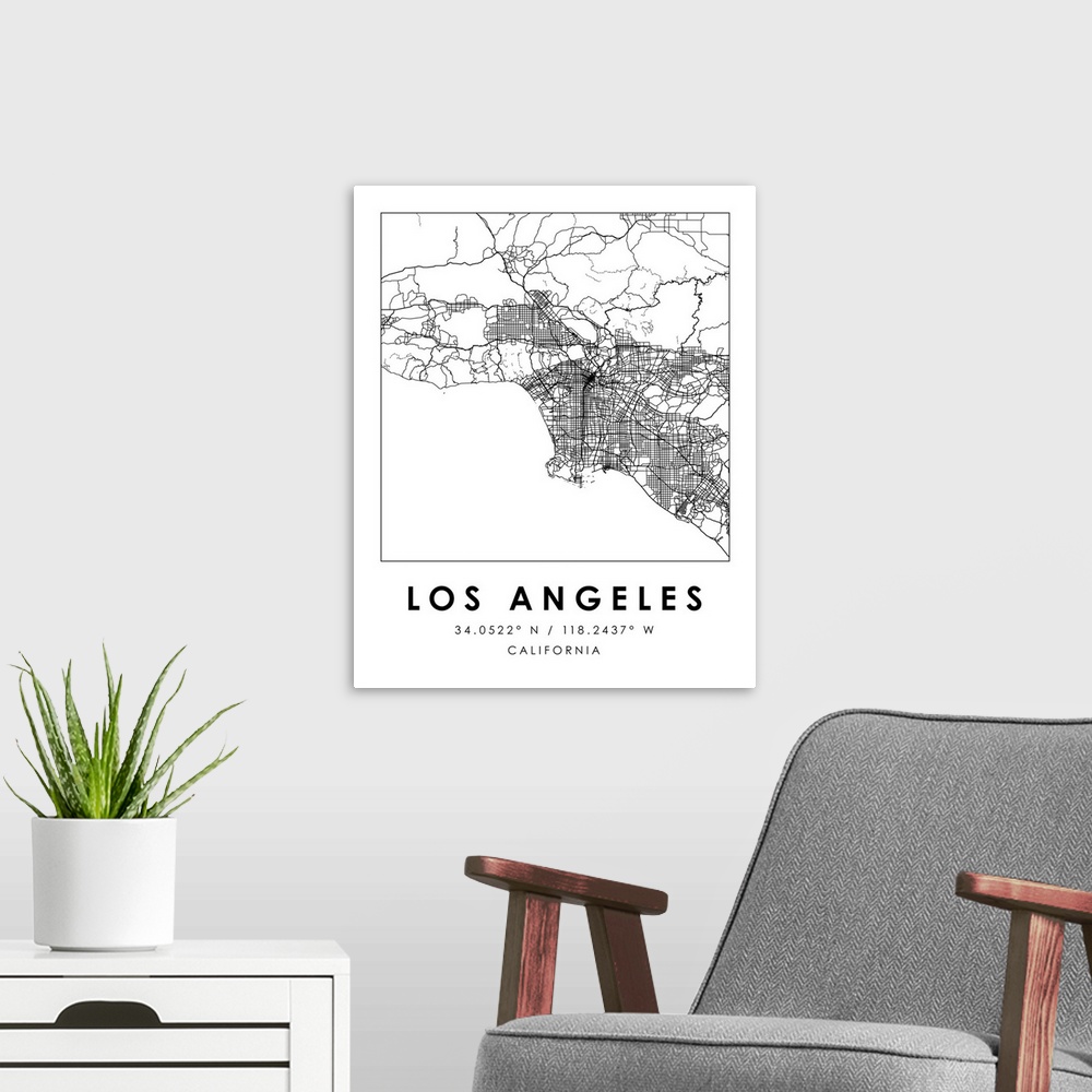 A modern room featuring Black and white minimal city map of Los Angeles, California, USA with longitude and latitude coor...