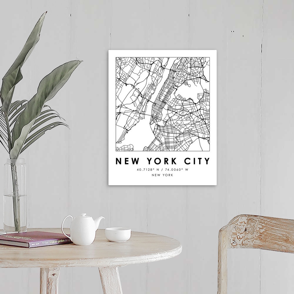 A farmhouse room featuring Black and white minimal city map of New York City, New York, USA with longitude and latitude coor...