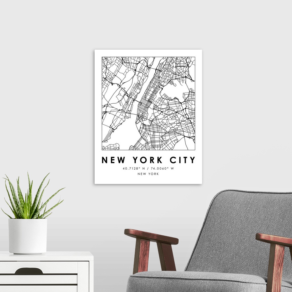 A modern room featuring Black and white minimal city map of New York City, New York, USA with longitude and latitude coor...