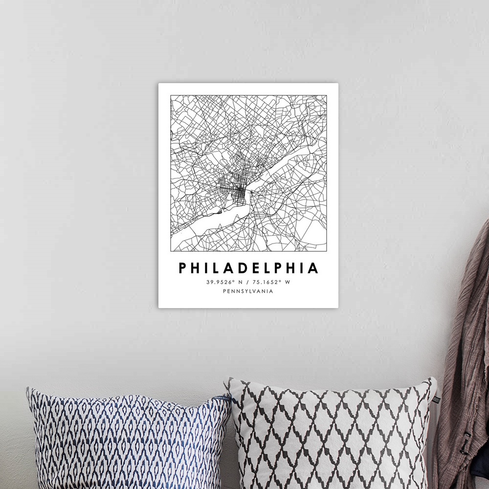 A bohemian room featuring Black and white minimal city map of Philadelphia, Pennsylvania, USA with longitude and latitude c...
