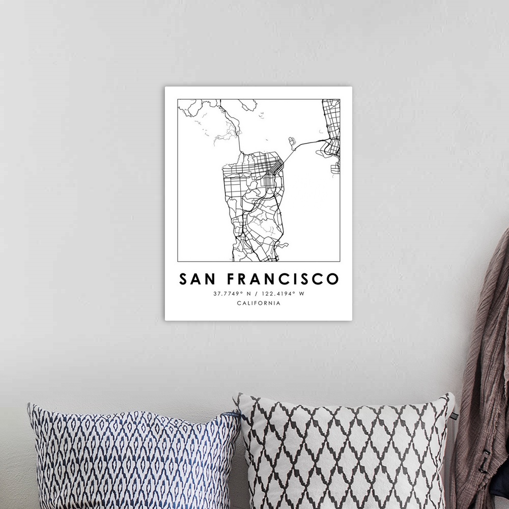 A bohemian room featuring Black and white minimal city map of San Francisco, USA with longitude and latitude coordinates.