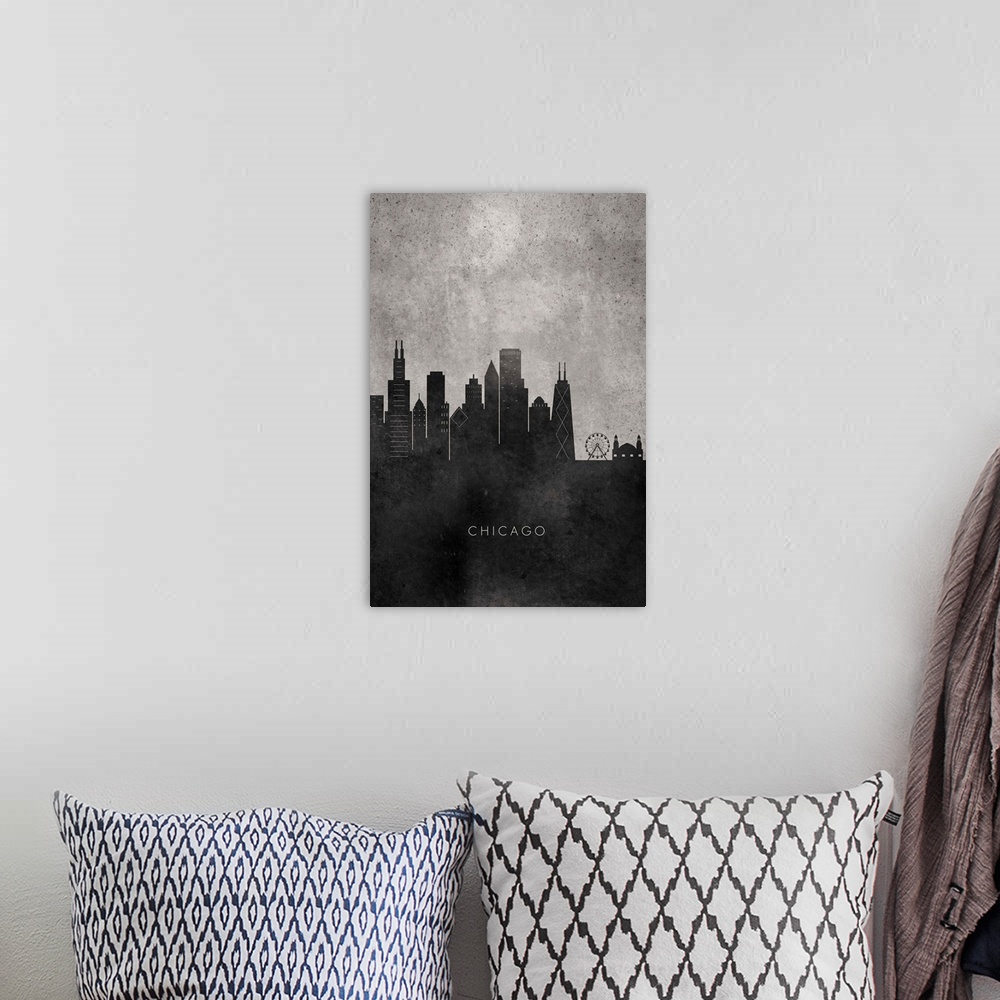 A bohemian room featuring Skyscrapers in Chicago are created in a minimalistic design in black and white.