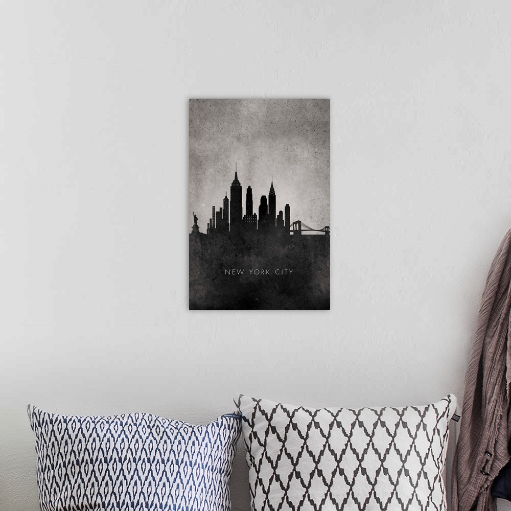 A bohemian room featuring Vertical oversized art of a digitally rendered, minimalist silhouette of the New York City skylin...