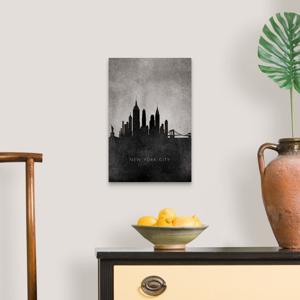 A traditional room featuring Vertical oversized art of a digitally rendered, minimalist silhouette of the New York City skylin...