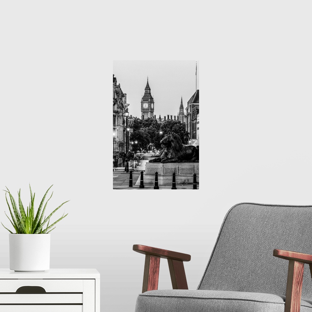 A modern room featuring Black and white photograph of Trafalgar Square with the iconic Trafalgar Lions in the foreground ...