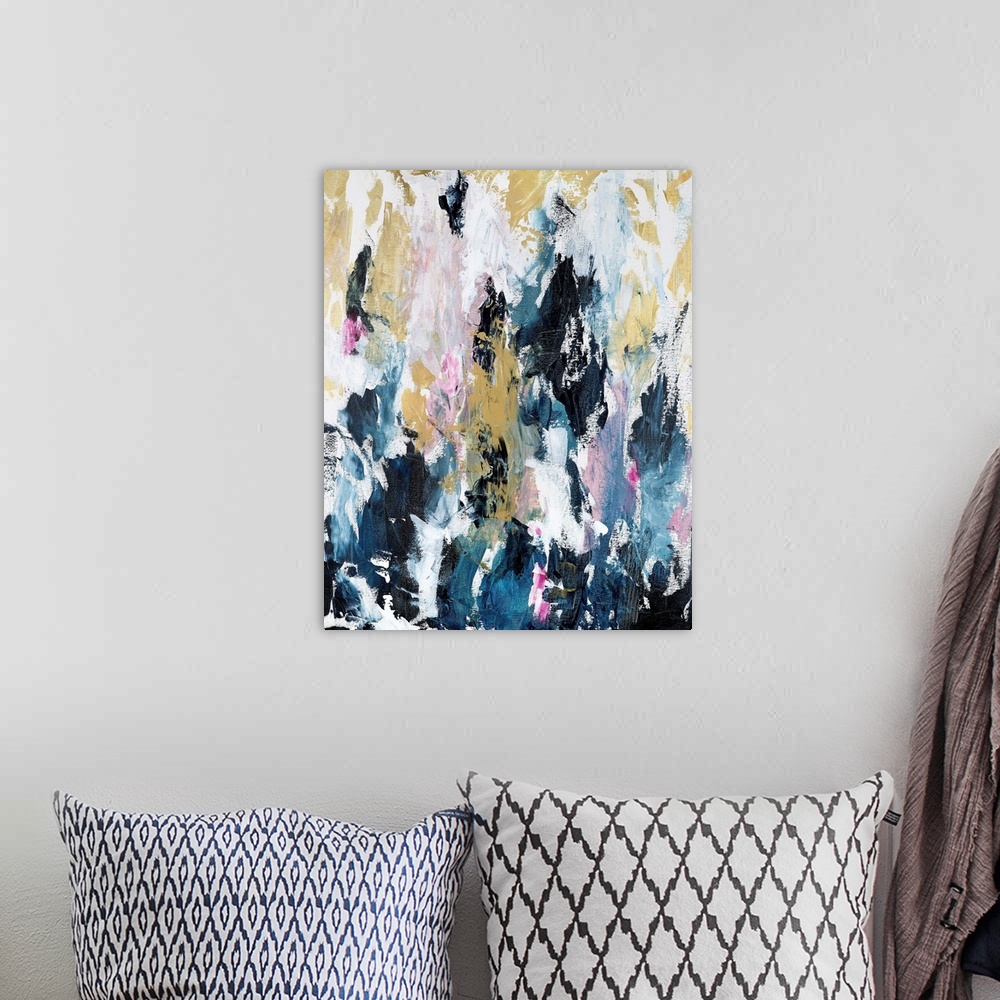A bohemian room featuring Vertical complementary abstract in short, textured, vertical strokes of blue, pink and gold.