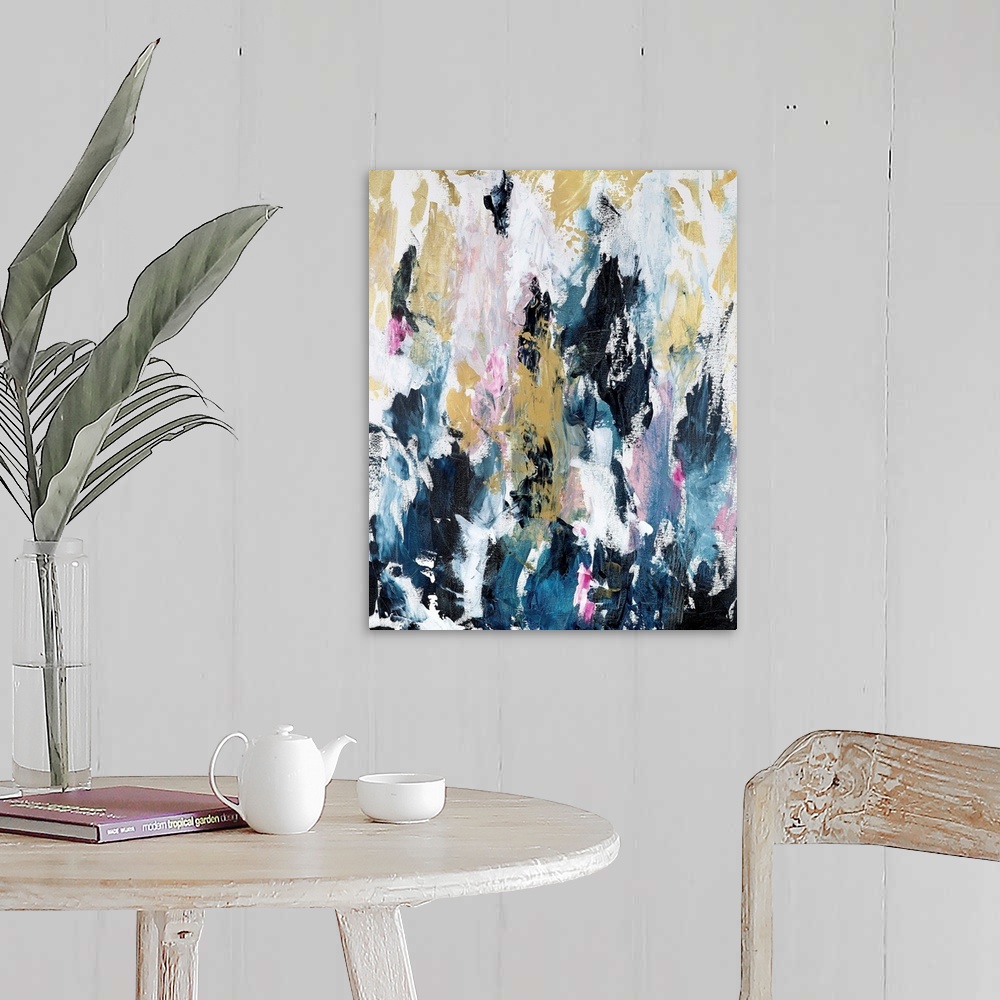 A farmhouse room featuring Vertical complementary abstract in short, textured, vertical strokes of blue, pink and gold.