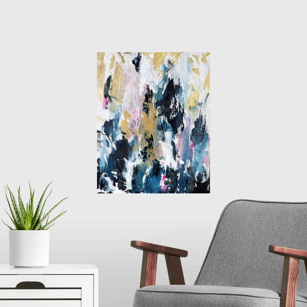 A modern room featuring Vertical complementary abstract in short, textured, vertical strokes of blue, pink and gold.