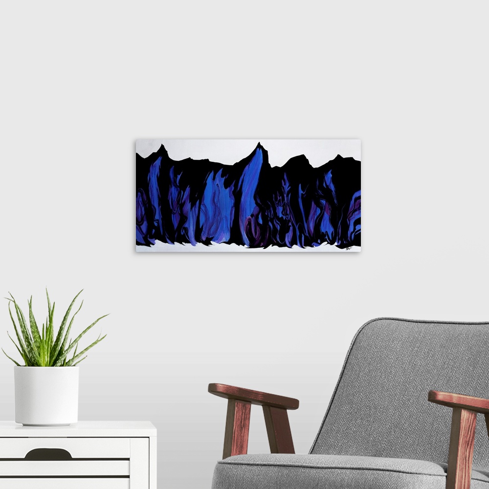 A modern room featuring Abstract artwork painting of rhythmic folds done in rich blue tones.