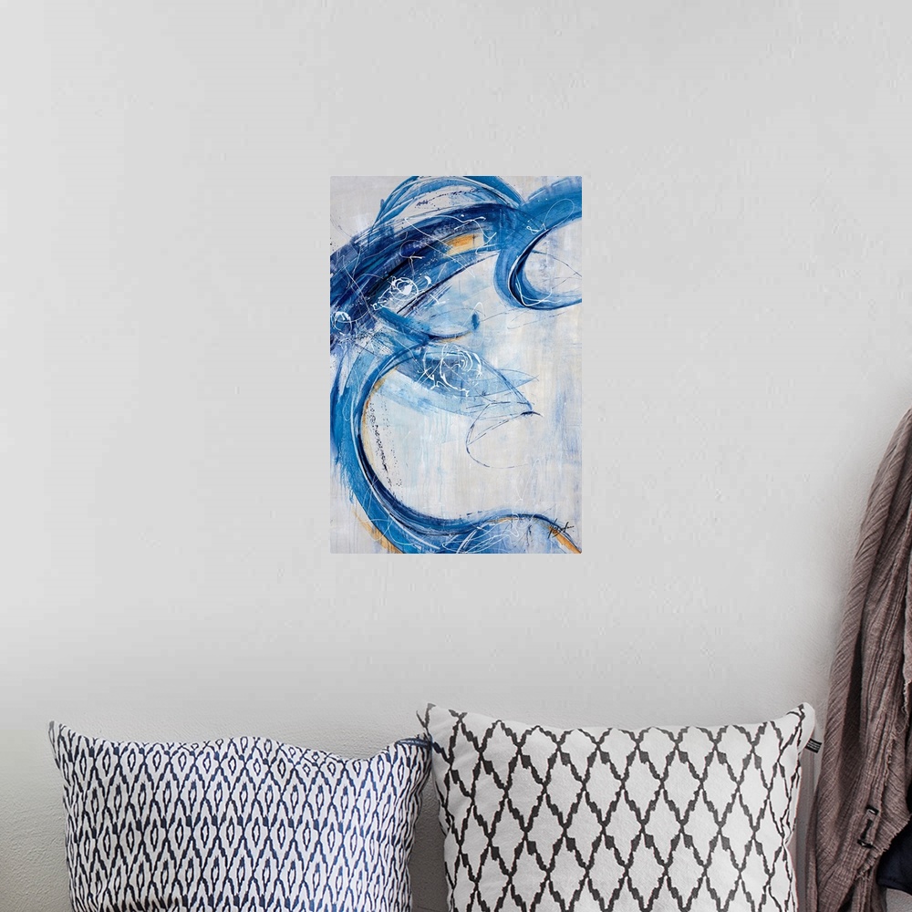 A bohemian room featuring Contemporary painting of energetic blue brushstrokes that sweep over this vertical composition an...