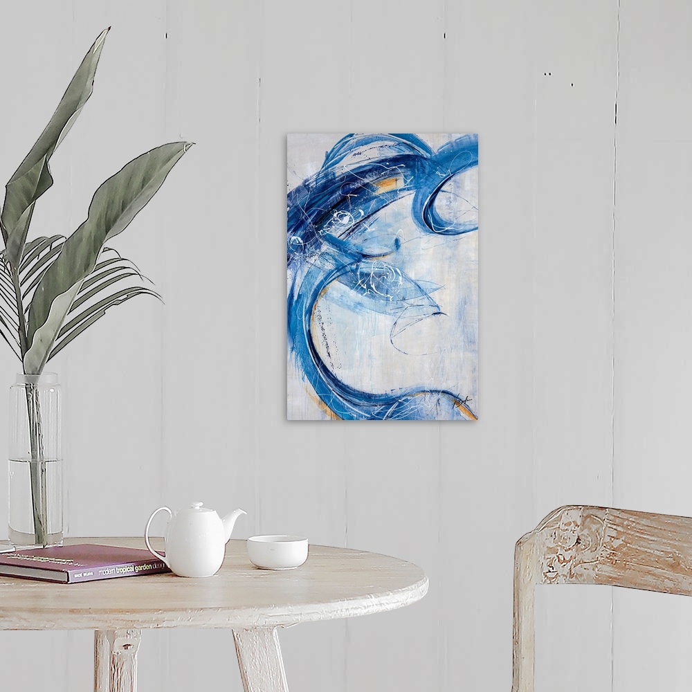 A farmhouse room featuring Contemporary painting of energetic blue brushstrokes that sweep over this vertical composition an...