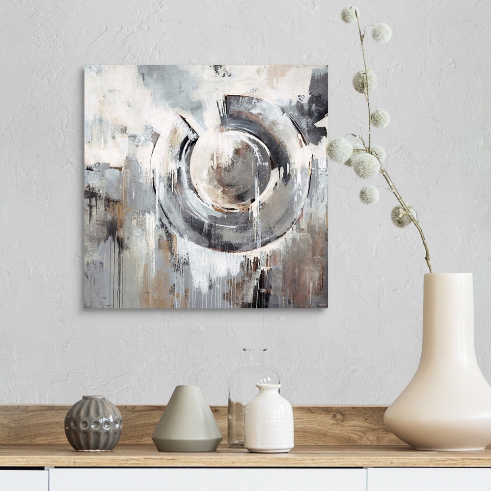A farmhouse room featuring Abstract painting in neutral and earth tones of a large circular shape surrounded by dripping pat...