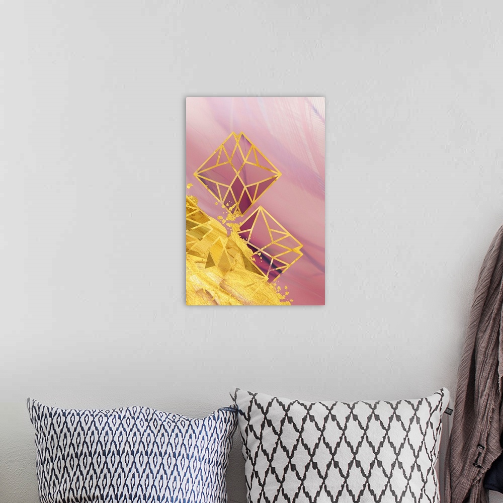 A bohemian room featuring Geometric artwork in shades of pink with golden edges and a yellow splash.
