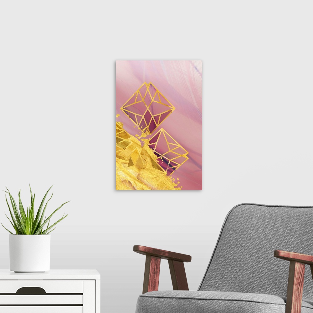 A modern room featuring Geometric artwork in shades of pink with golden edges and a yellow splash.