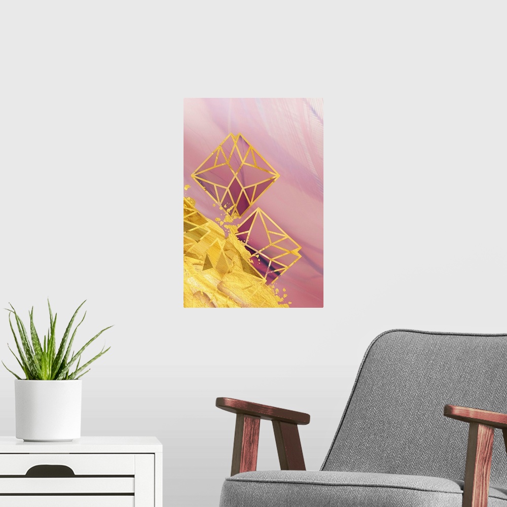 A modern room featuring Geometric artwork in shades of pink with golden edges and a yellow splash.