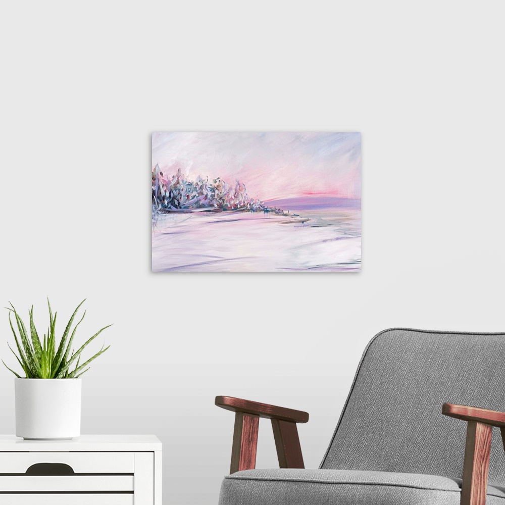 A modern room featuring Contemporary landscape painting of a snow-covered field with trees lining the edge.