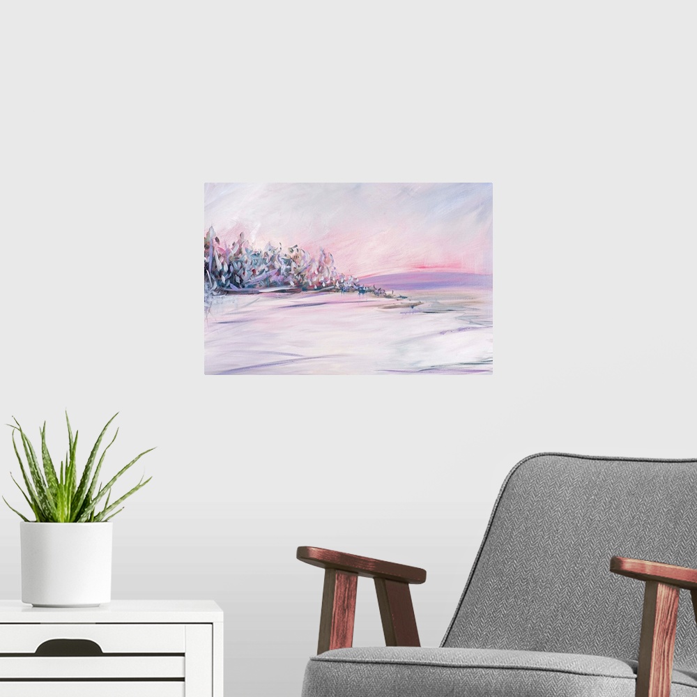 A modern room featuring Contemporary landscape painting of a snow-covered field with trees lining the edge.