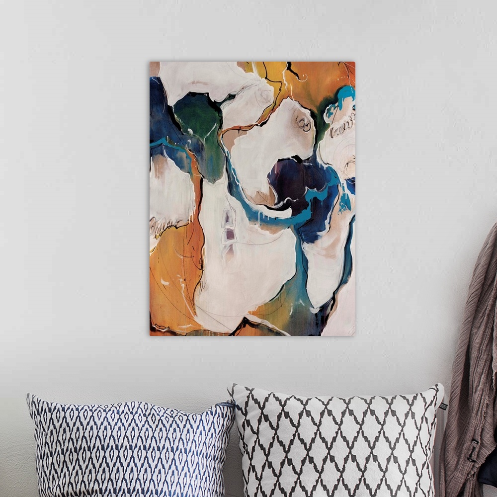 A bohemian room featuring Contemporary abstract artwork with flowing areas of color, reminiscent of a busy ocean town on a ...