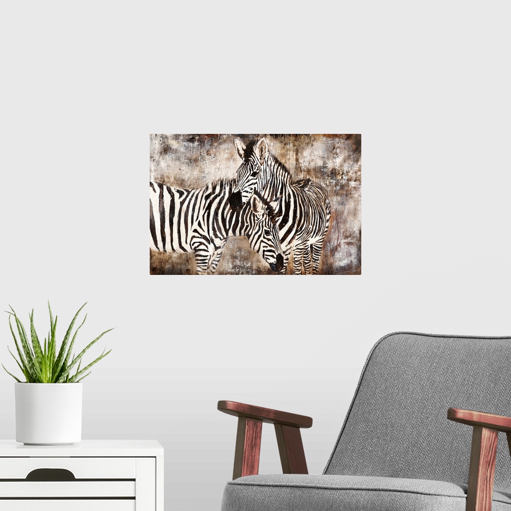 A modern room featuring Contemporary portrait of two zebras embracing in front of an earth-toned background.