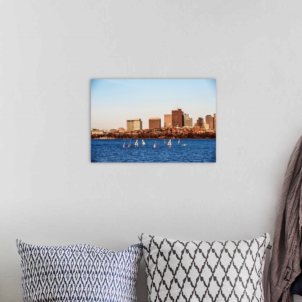 A bohemian room featuring View of Boston city skyline with sailboats on the Charles River.