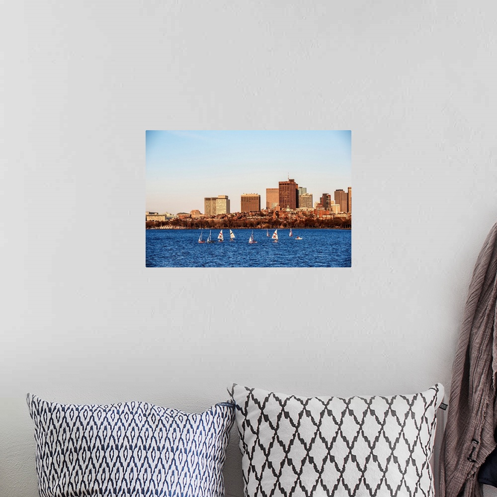 A bohemian room featuring View of Boston city skyline with sailboats on the Charles River.