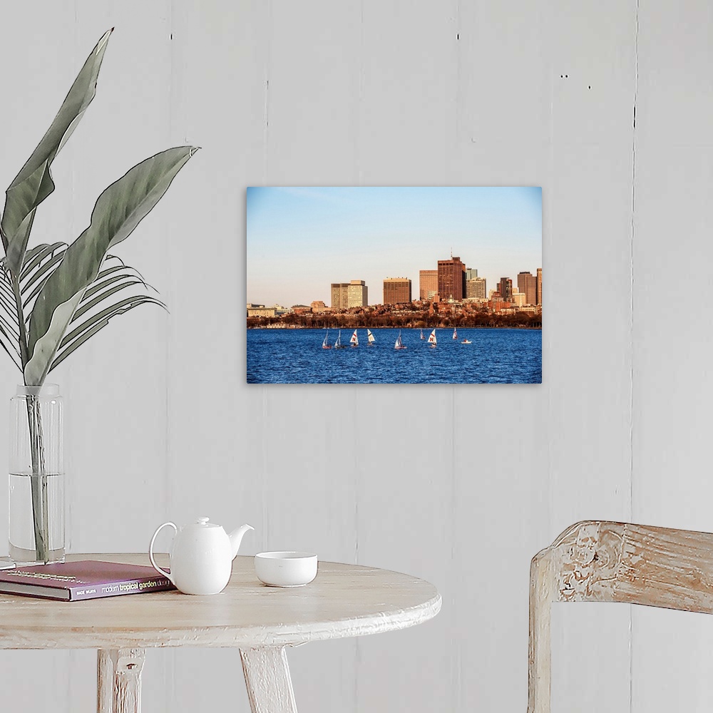 A farmhouse room featuring View of Boston city skyline with sailboats on the Charles River.