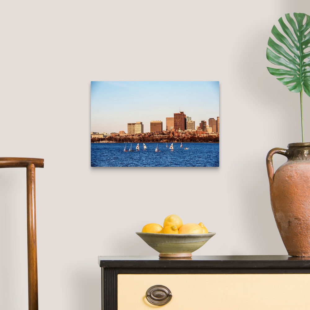 A traditional room featuring View of Boston city skyline with sailboats on the Charles River.