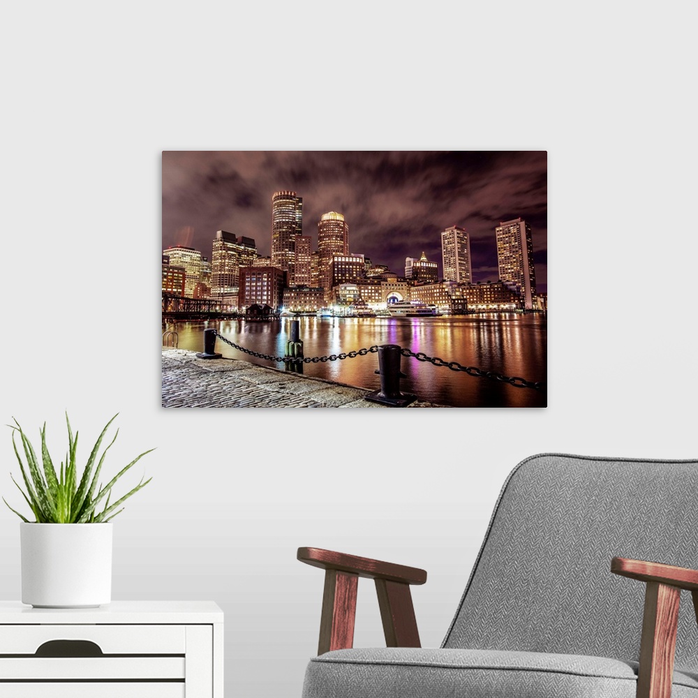 A modern room featuring Photo of Boston city skyline and waterfront from the view of the Harborwalk.