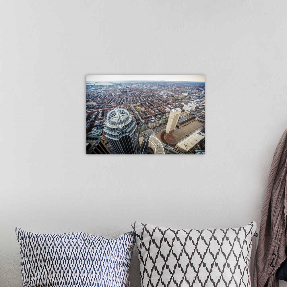 A bohemian room featuring Photo of Boston's cityscape with Christian Science Center Administration Plaza in view.