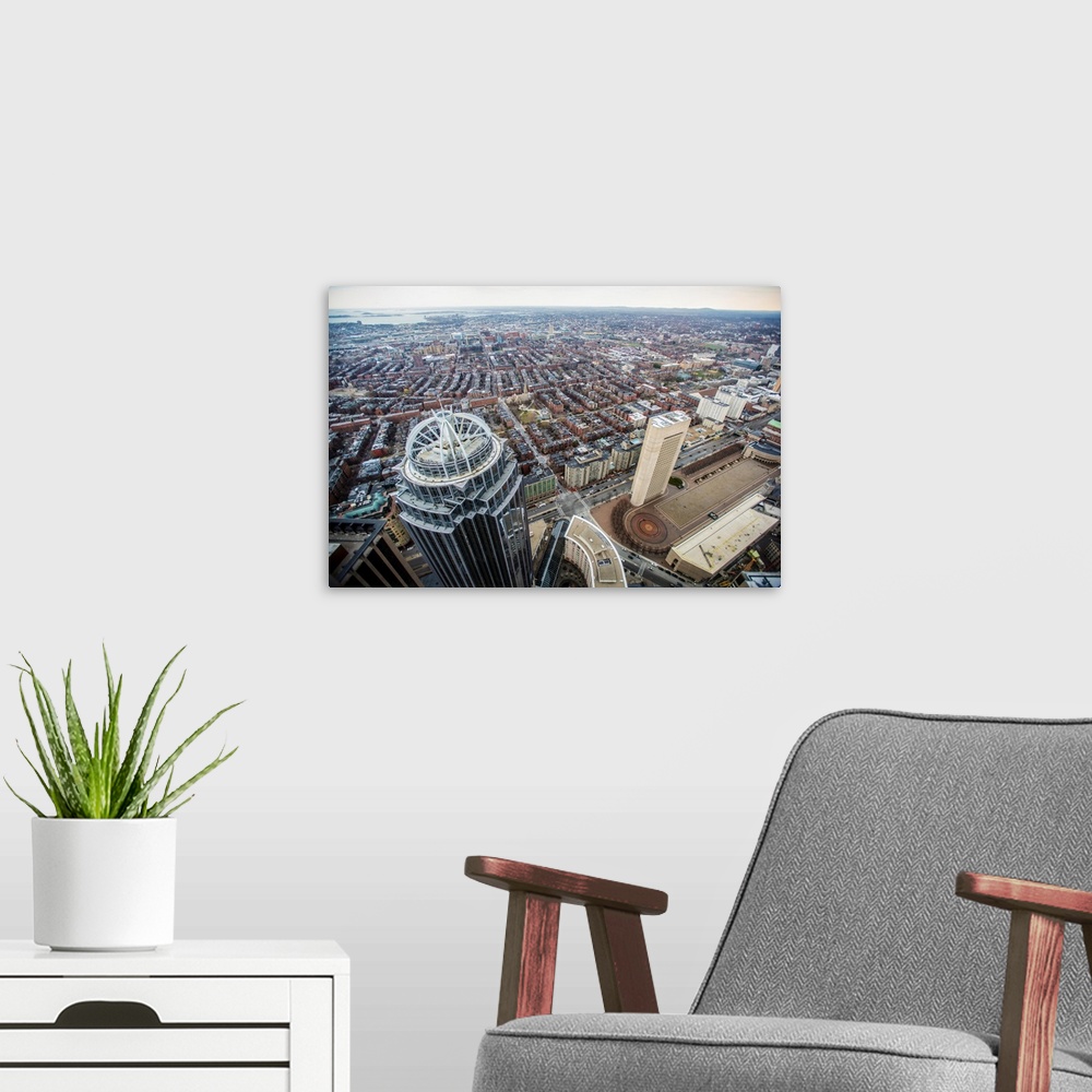 A modern room featuring Photo of Boston's cityscape with Christian Science Center Administration Plaza in view.
