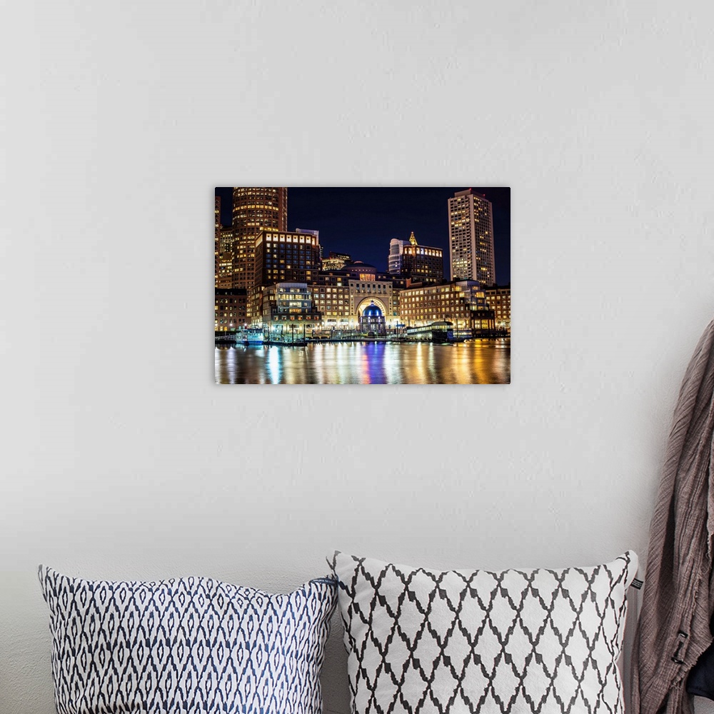 A bohemian room featuring View of Boston city skyscrapers and the Marina at Rowes Wharf.