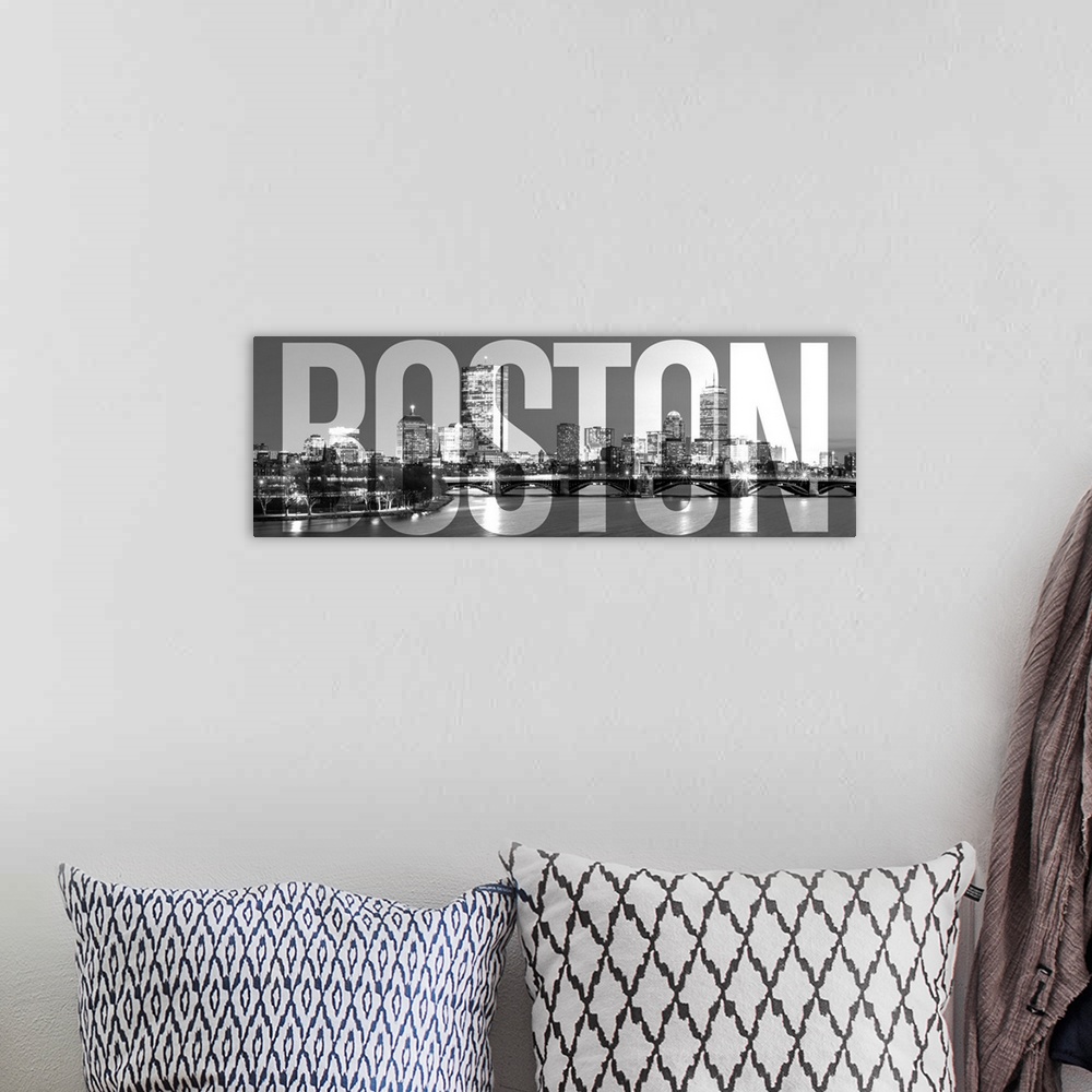 A bohemian room featuring Transparent typography art overlay against a photograph of the Boston city skyline.