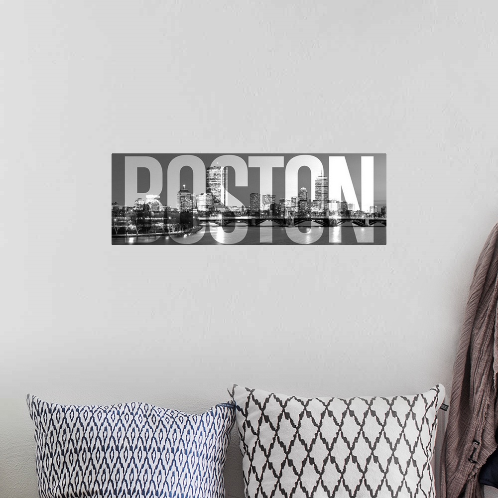 A bohemian room featuring Transparent typography art overlay against a photograph of the Boston city skyline.