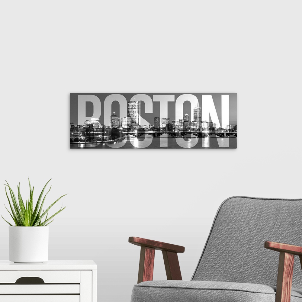 A modern room featuring Transparent typography art overlay against a photograph of the Boston city skyline.